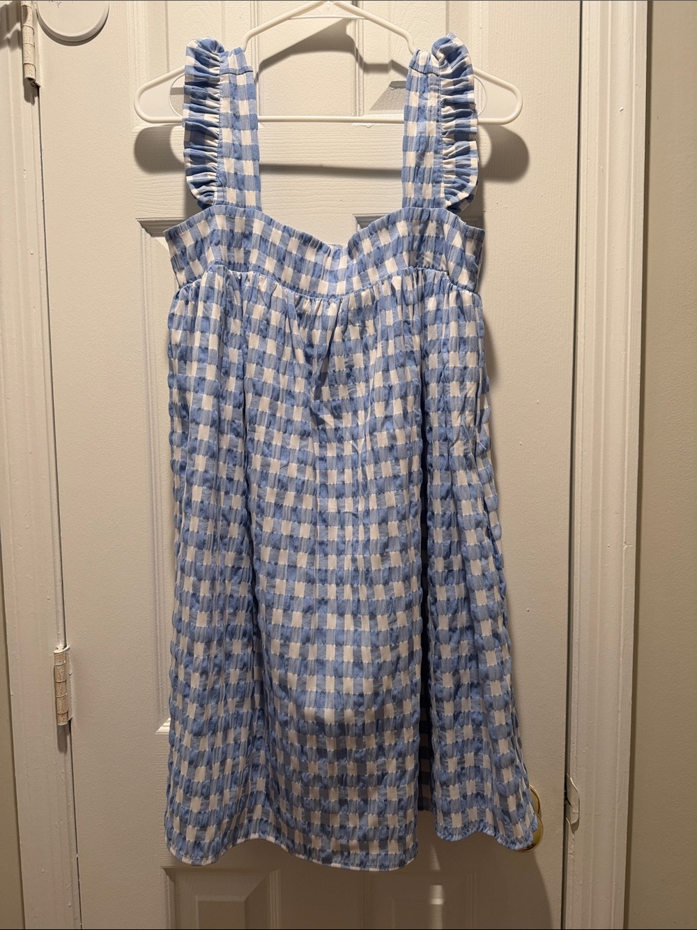 Storia Blue and White Gingham Mini Dress with Ruffle Straps